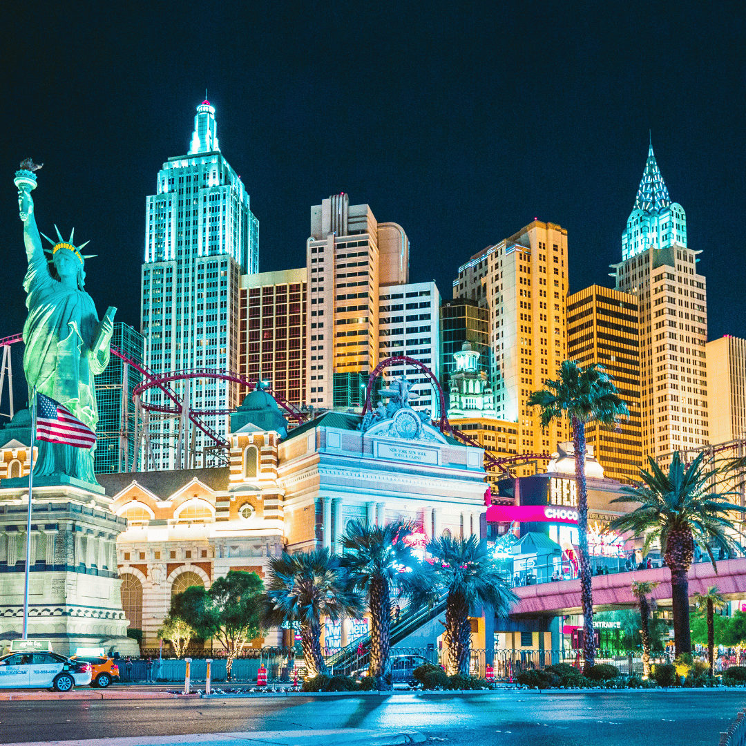 View of Las Vegas skyline at night.