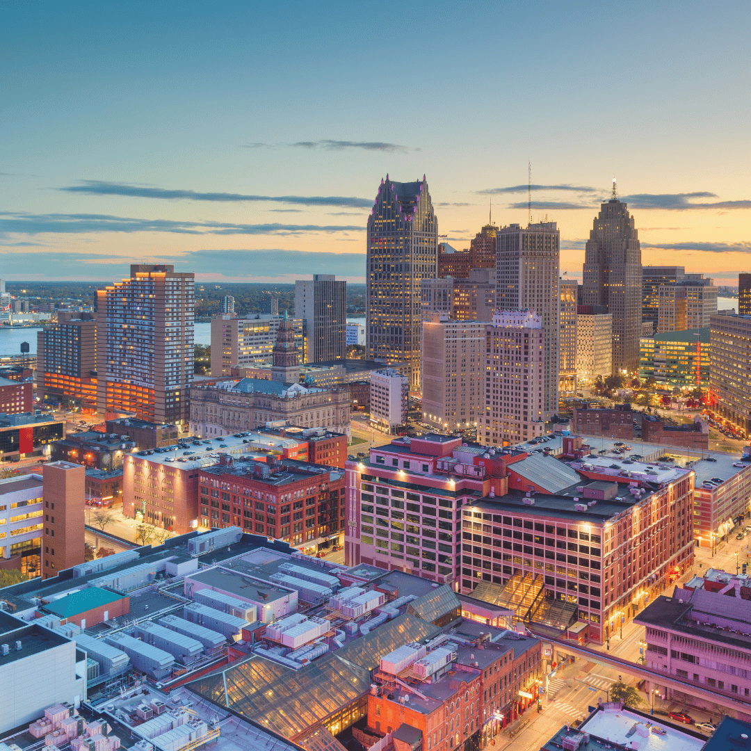 View of Detroit skyline at dusk.